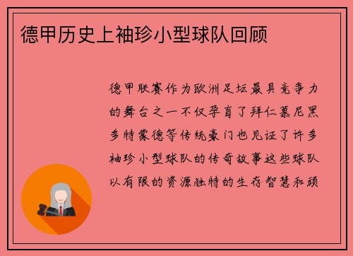 德甲历史上袖珍小型球队回顾