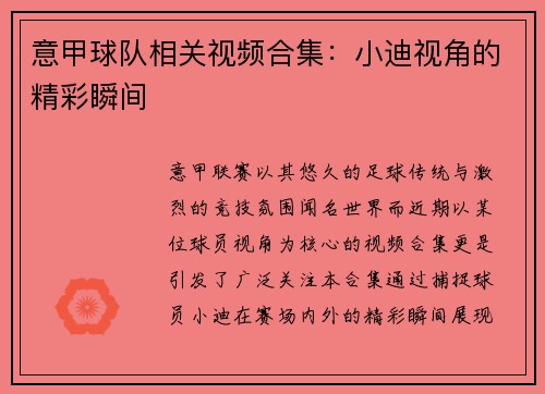 意甲球队相关视频合集：小迪视角的精彩瞬间